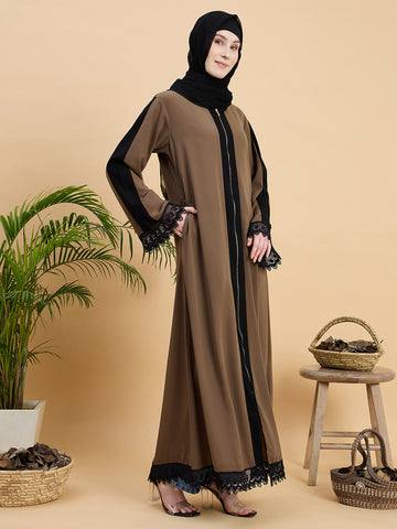 Front Open Zip Abaya Burqa with Black Georgette Hijab