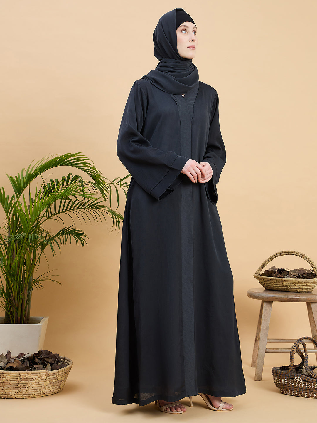 Olive Black Front Open Dubai Abaya Burqa with Matching Hijab