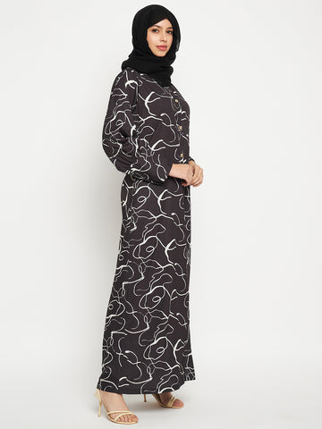 Nabia Women Black Front Open printed Crepe Fabric Abaya Burqa With Georgette Scarf