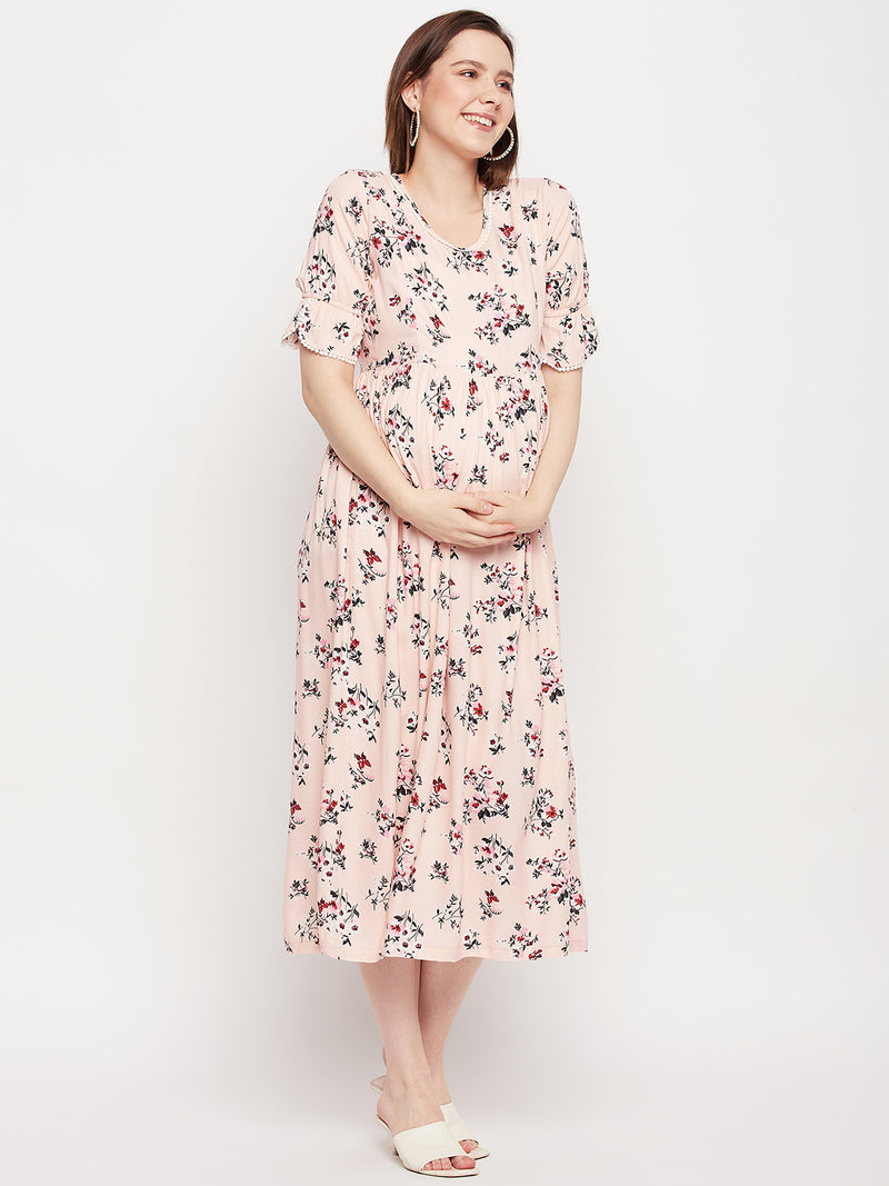 Nabia Women Pink Floral Printed Pre and Post Pregnancy / Maternity Dress