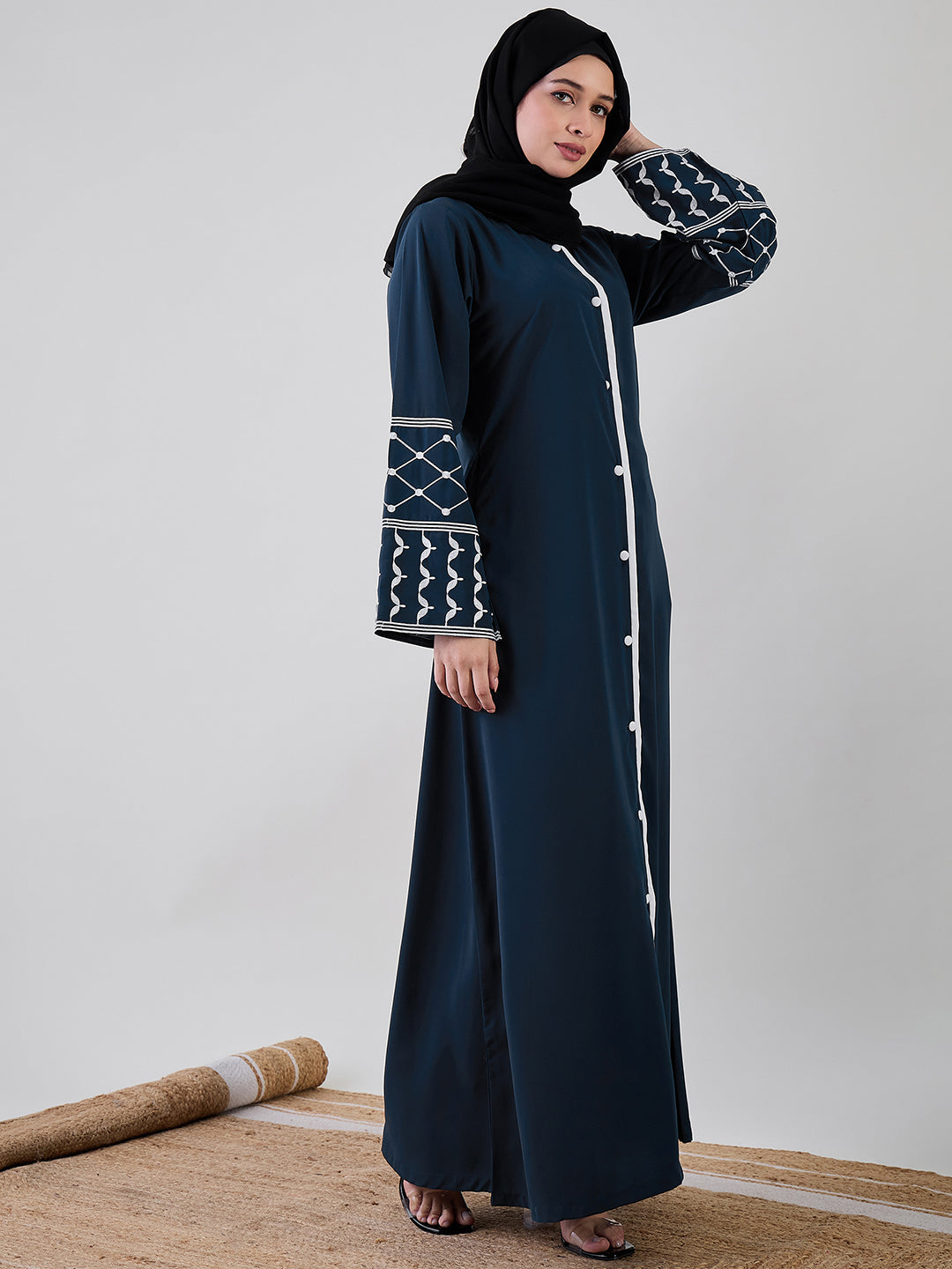 Nabia Front Open Kefiyyeh Embroidered with Black Georgette Hijab