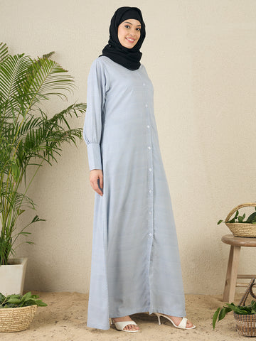 Front Open Blue Printed Abaya with Black Georgette Scarf