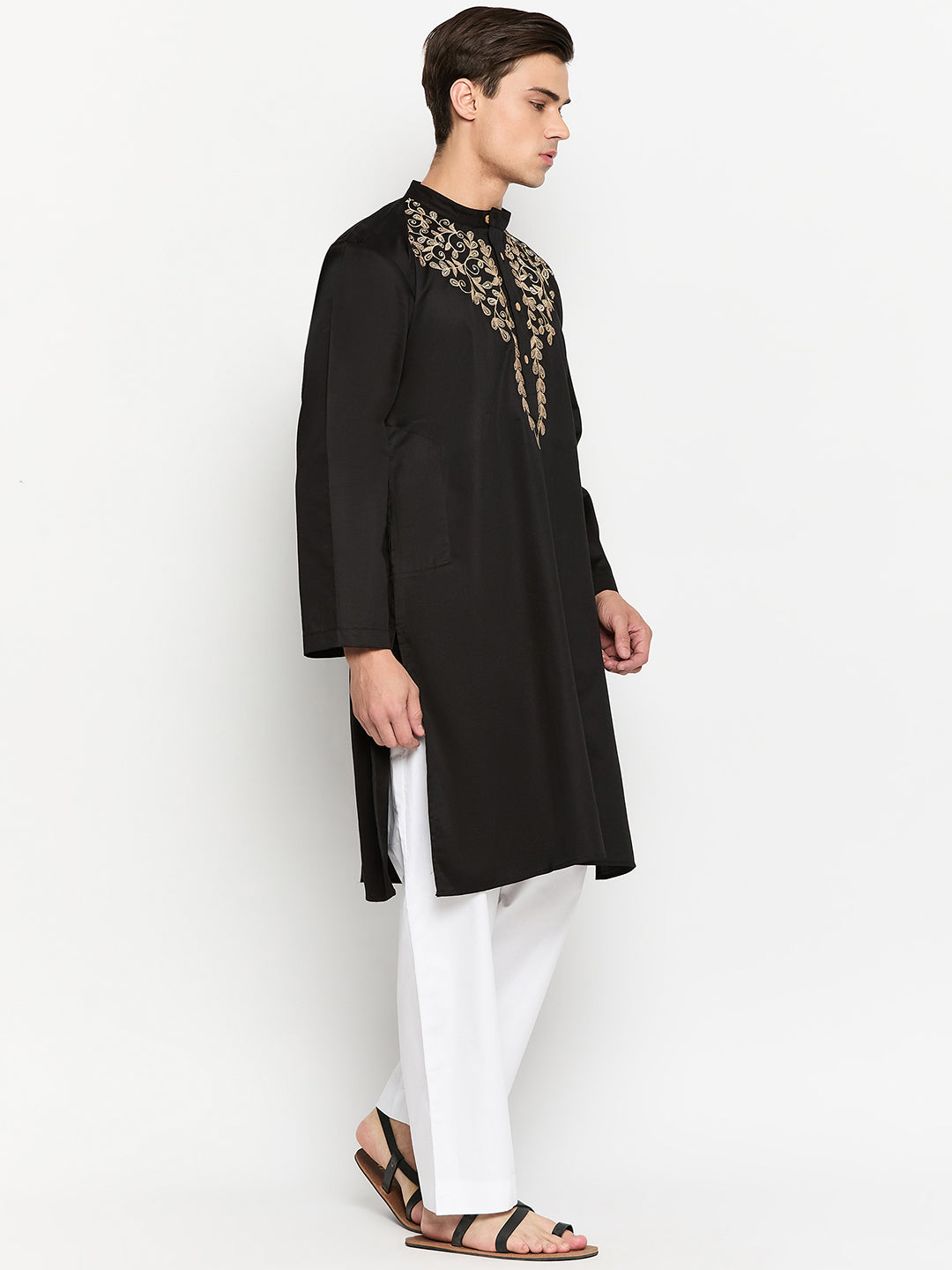 Black Men's Kurta Pajama Set with Embroidery Details