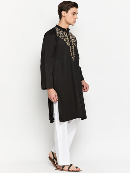 Black Men's Kurta Pajama Set with Embroidery Details
