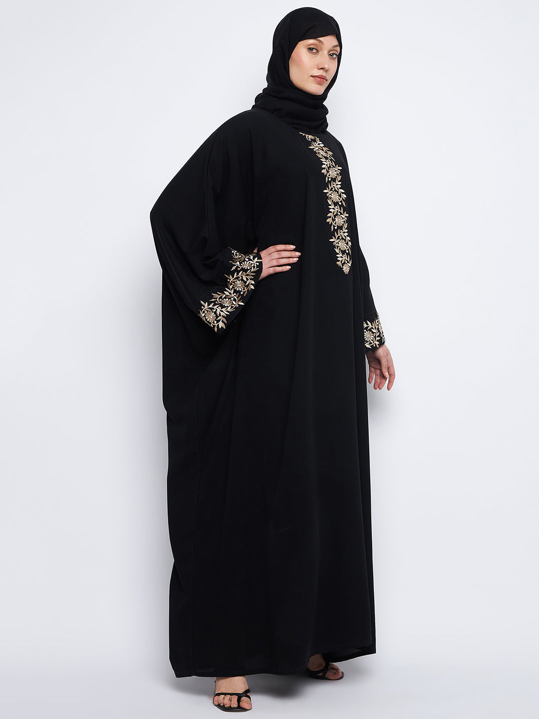 Nabia Embroidery Free Size Black Abaya with Black Scarf
