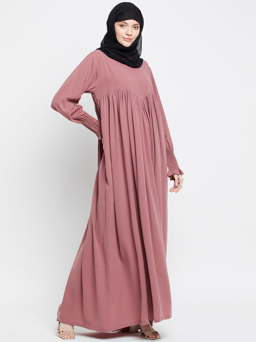 Fuce Pink Solid A-line Abaya with Black Georgette Scarf