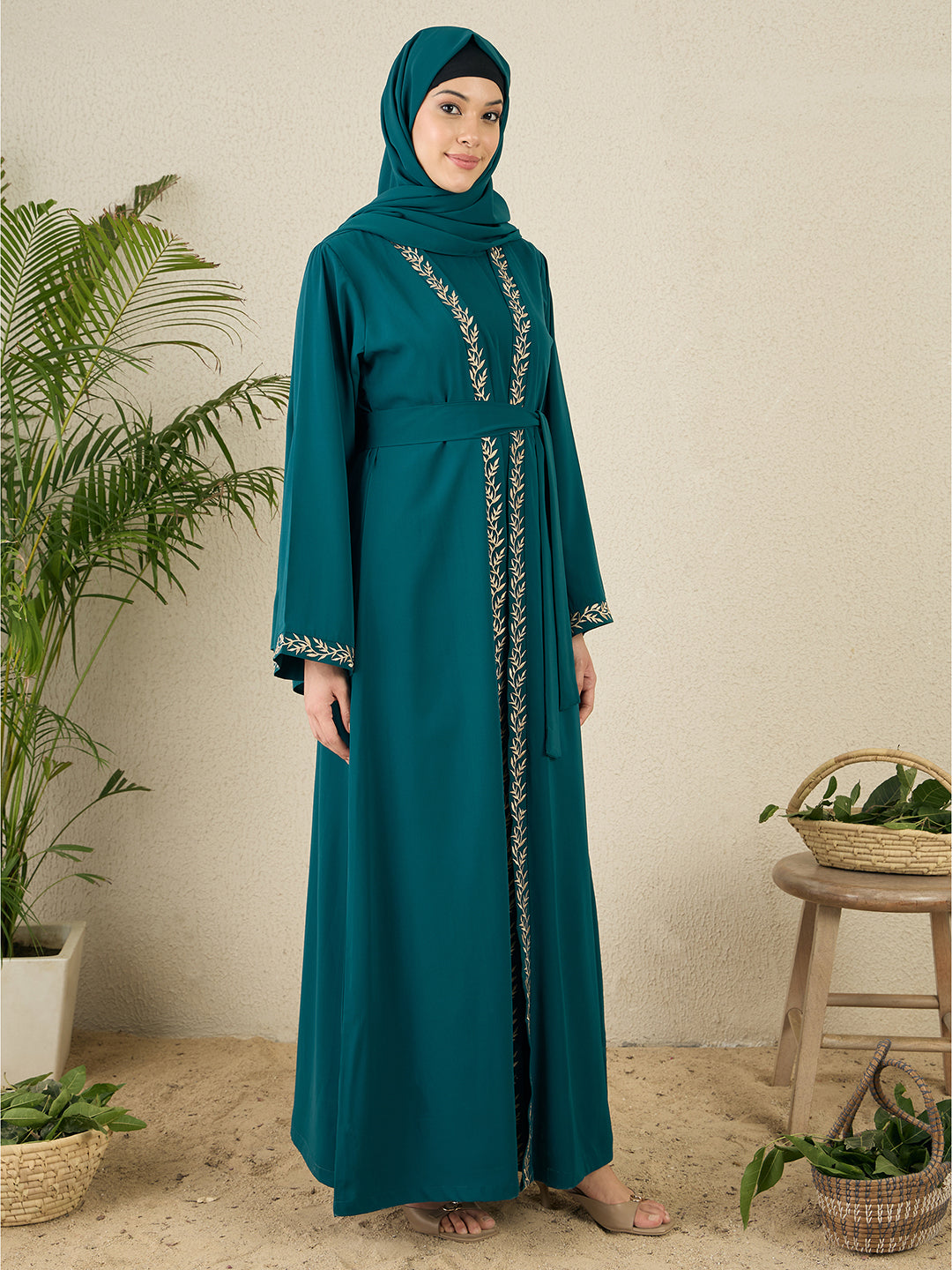 2 Piece Embroidered Green Shrug Set Abaya with Black Hijab