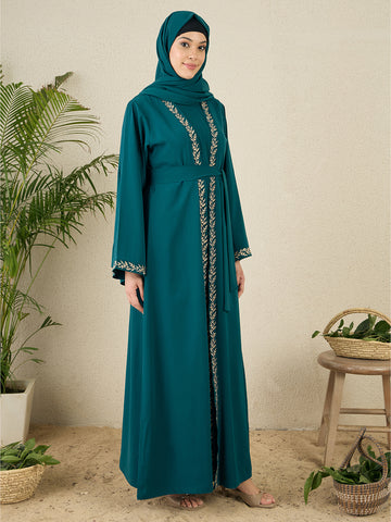 2 Piece Embroidered Green Shrug Set Abaya with Black Hijab