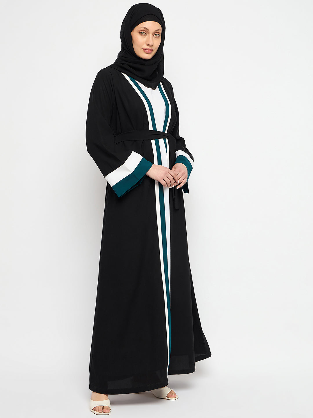 2 Piece Front Open Shrug Abaya Set with Black Georgette Hijab