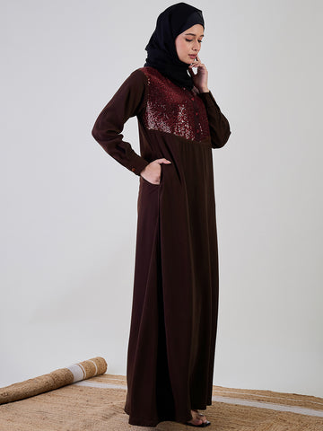 Nabia Women Embroidered Brown Abaya Burqa With Black Georgette Hijab