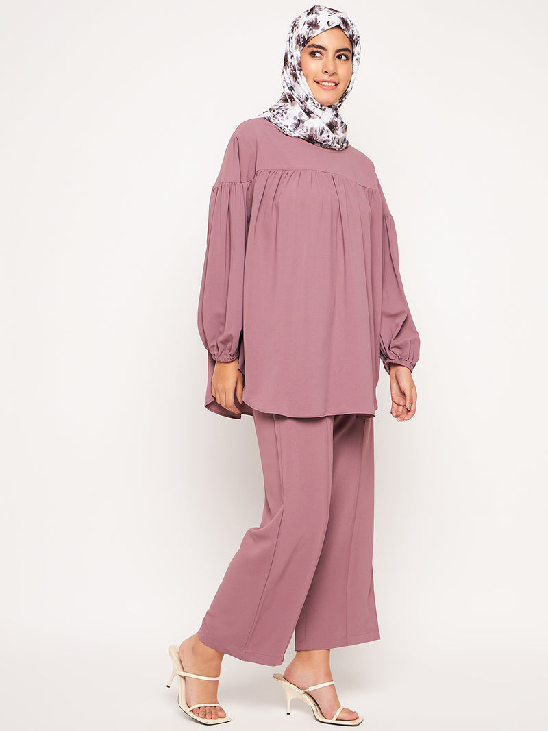 Nabia Pink Solid Elasticated Sleeves Co-ord Set for Women