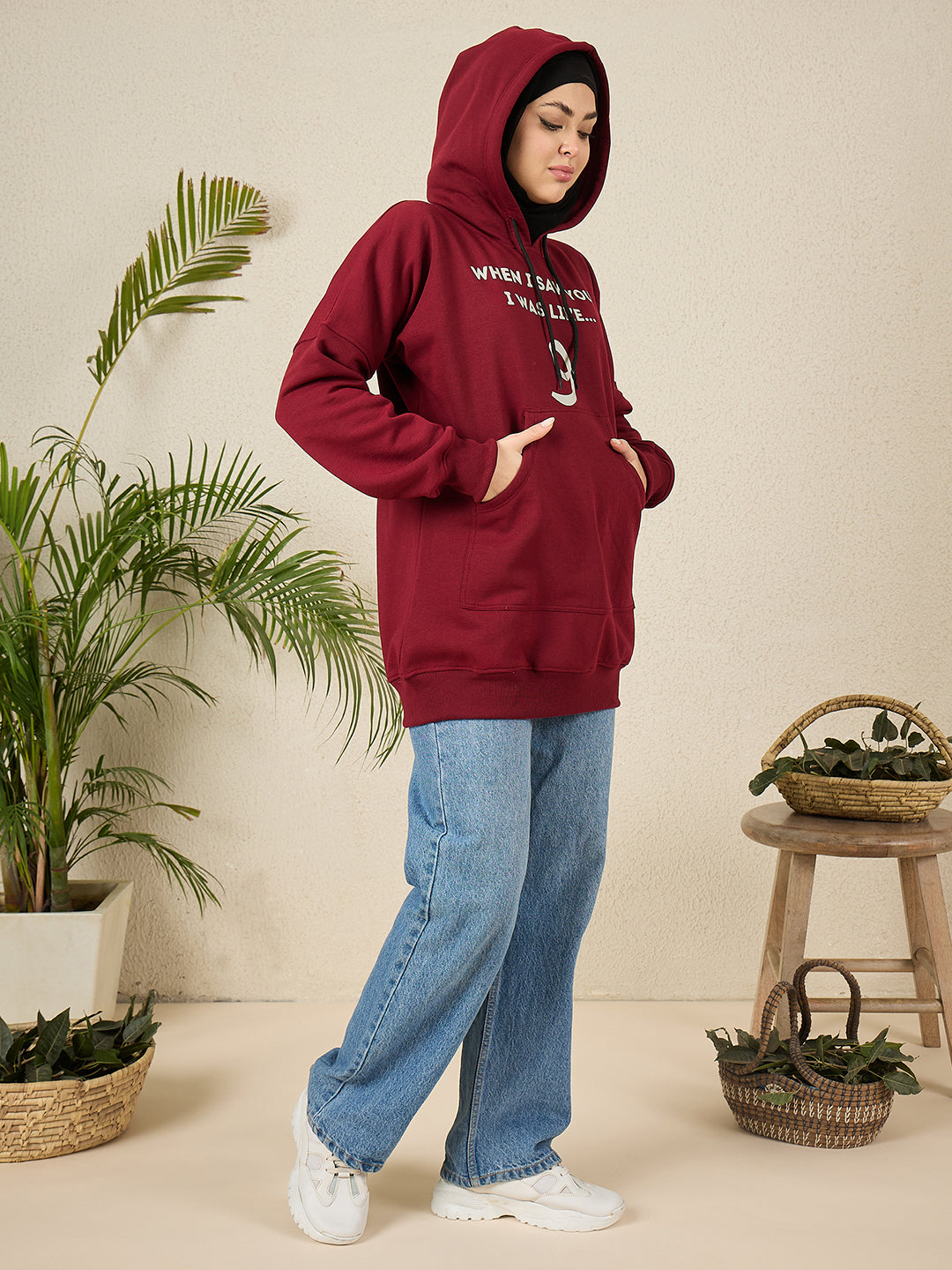 Wow Modest Maroon Fleece Winter Hoodie for Women