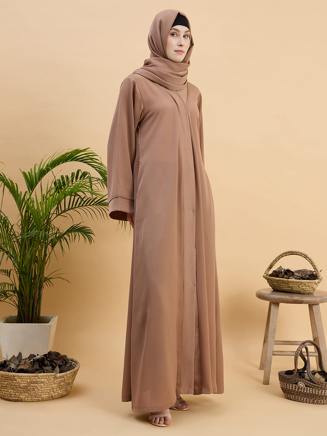 Beige Front Open Dubai Abaya Burqa with Matching Hijab