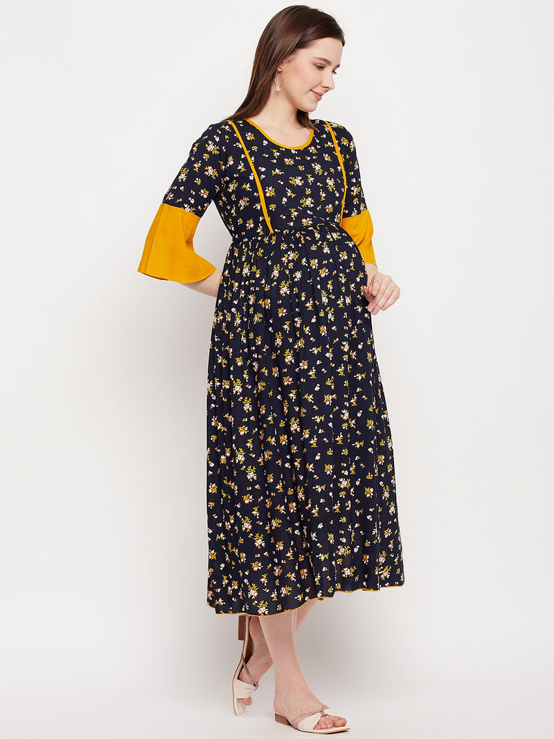 Nabia Women Blue & Yellow Printed Pre and Post Pregnancy / Maternity Dress