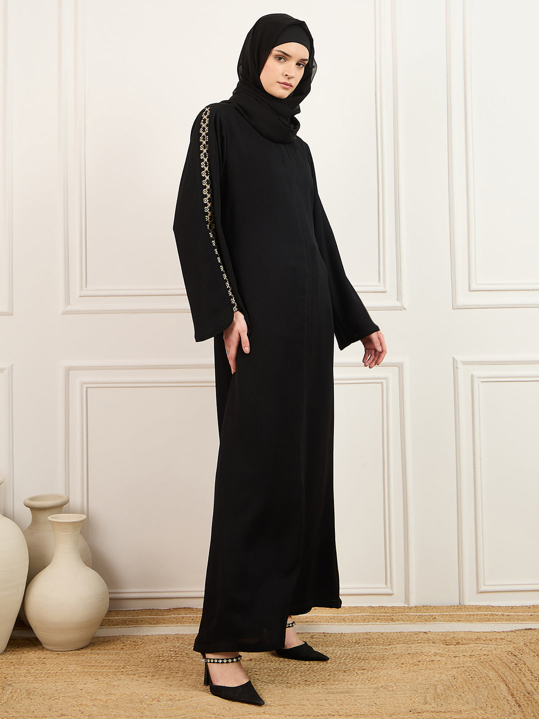 Nabia Embroidery Detailing Abaya Burqa in Black With Matching Georgette Hijab