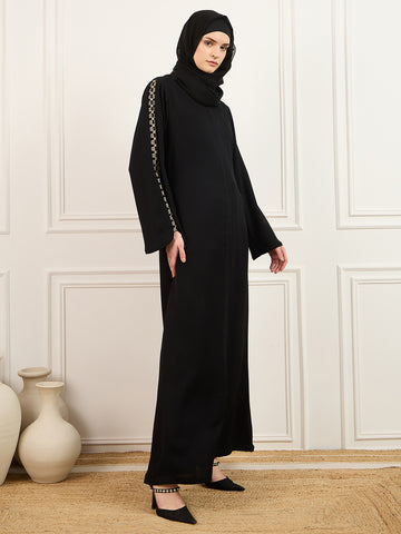 Nabia Embroidery Detailing Abaya Burqa in Black With Matching Georgette Hijab