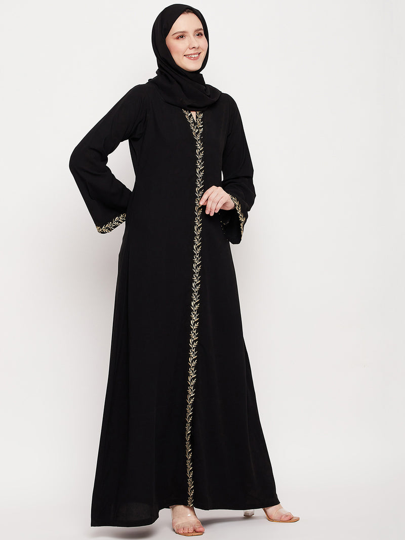 Nabia Women Black Solid Nida Matte Fabric Abaya Burqa With Black Georgette Scarf
