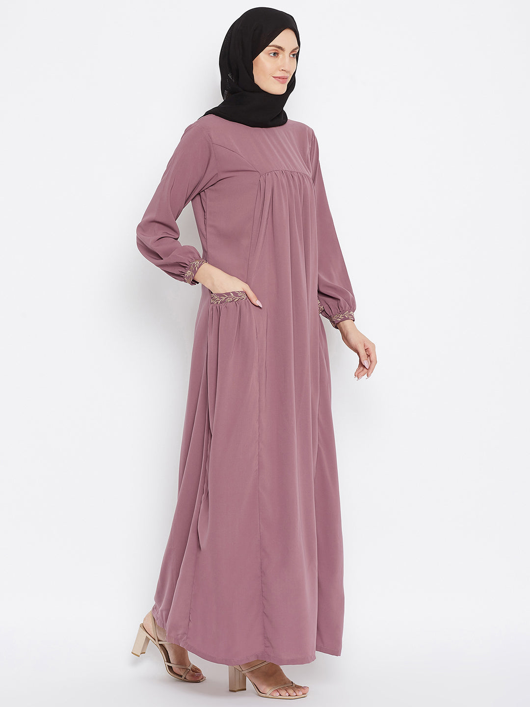 Puce Pink Embroidery Abaya with Georgette Scarf