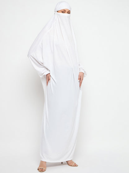 Nabia White Free Size Adjustable Nosepiece Cotton Fabric Jilbab Abaya for Girls and Women