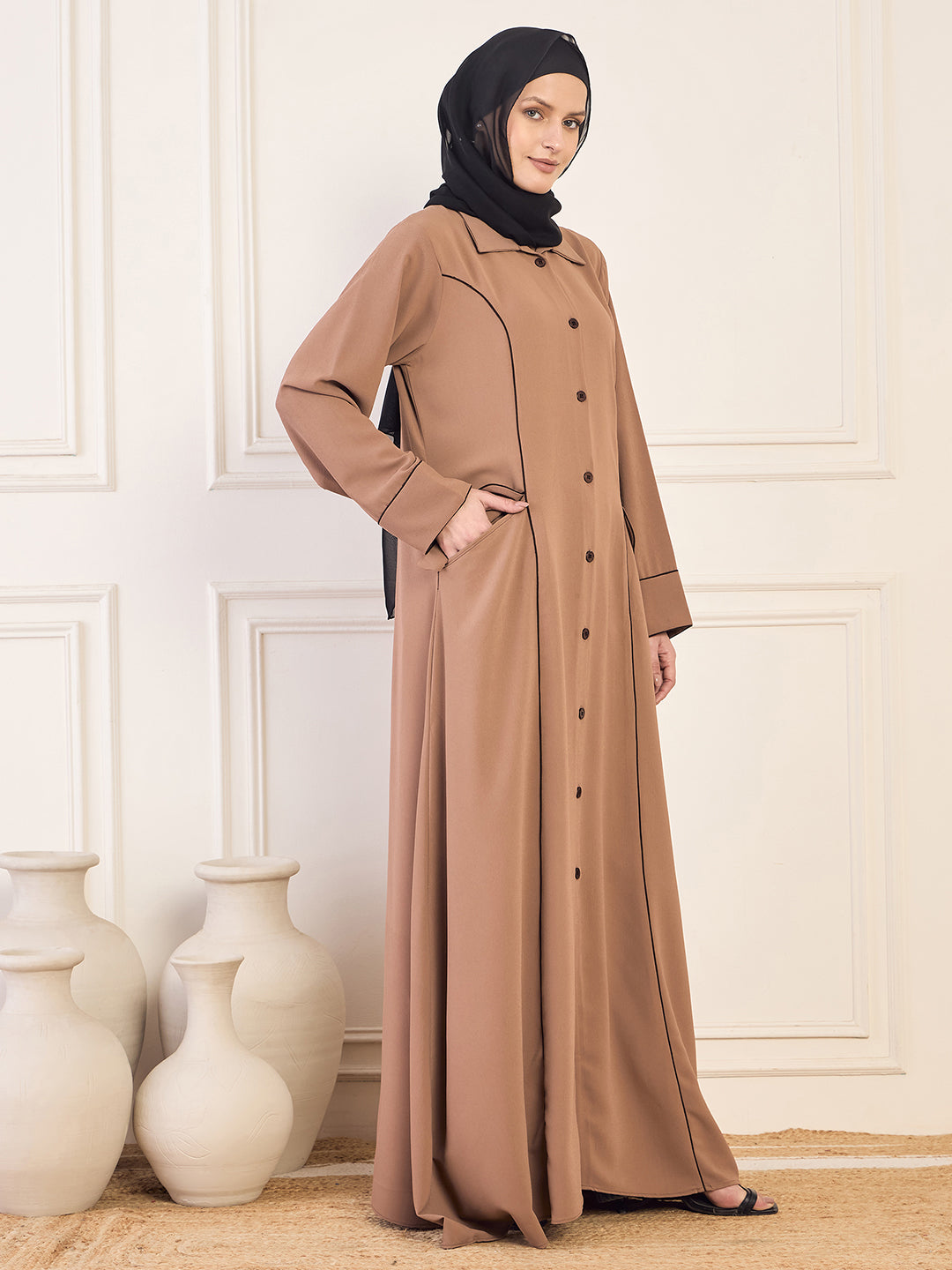 Nabia Rust Front Open Coat Abaya with Black Georgette Hijab
