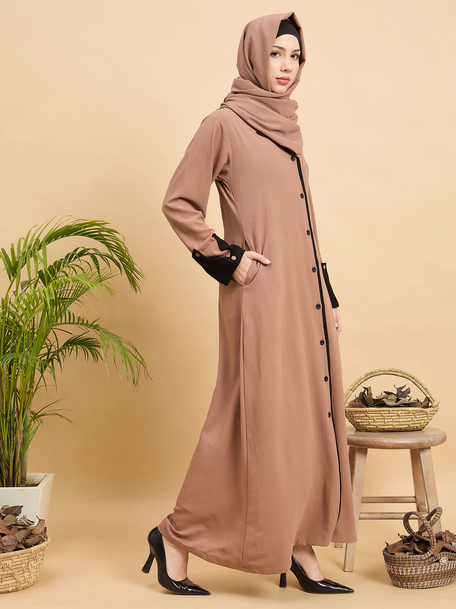 Modest Beige Front Open Coat Abaya with Matching Hijab