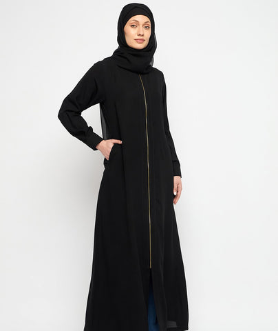 Nabia Front Open Zip-Closure Mandarin Collar Black Abaya Dress With Black Scarf