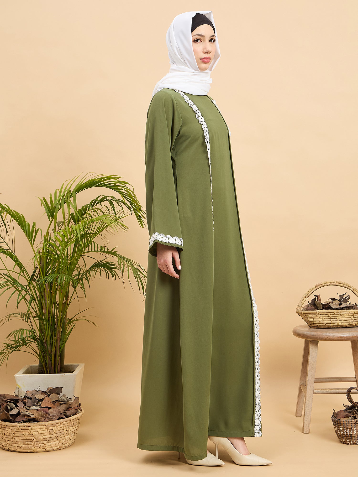 Modest Lace Abaya Burqa with White Georgette Hijab for Women