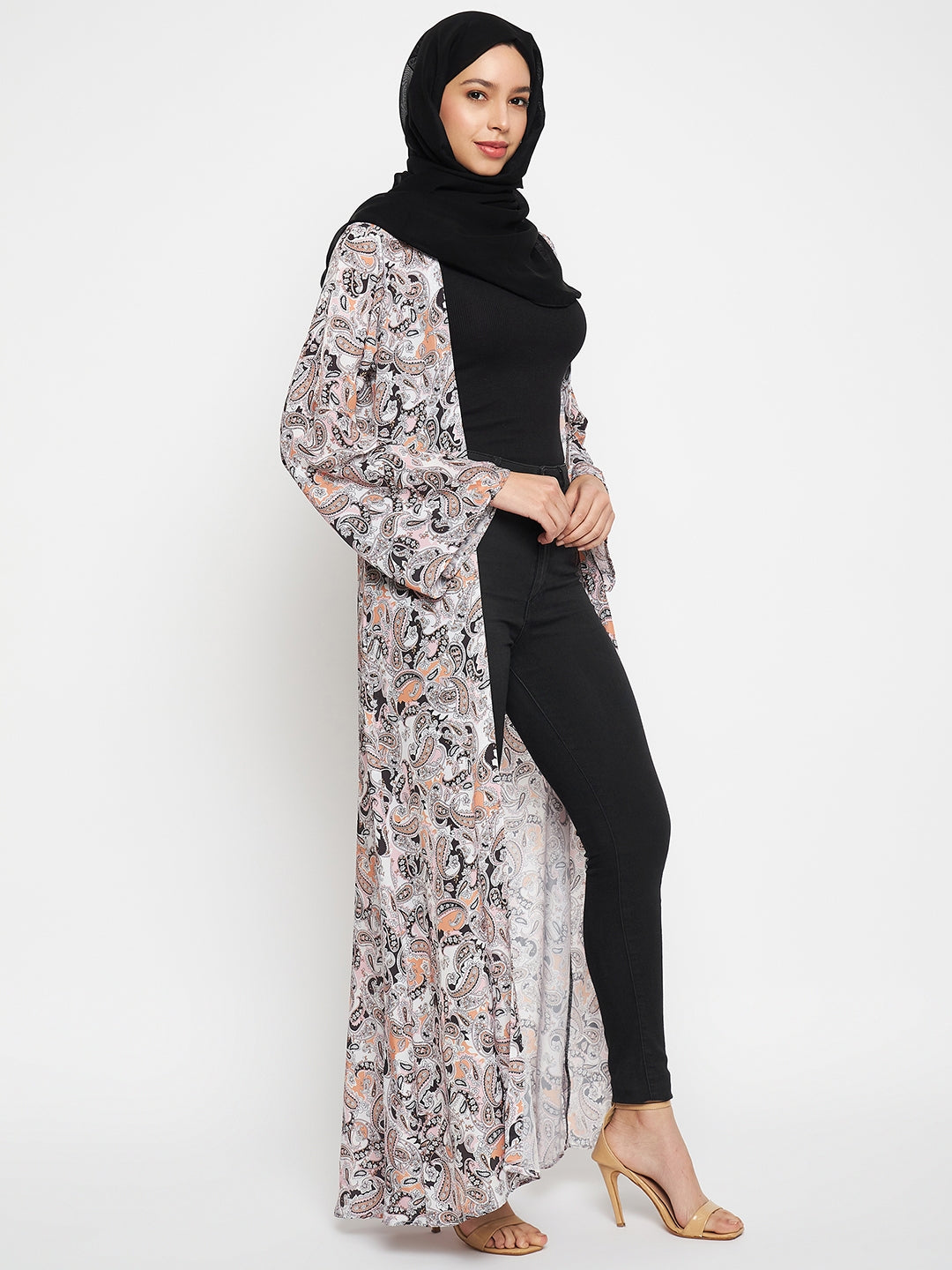 Multicolor Front Open Shrug with Black Scarf