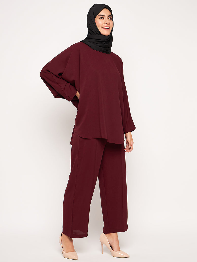 Nabia Maroon Solid Round Neck Co-ord Set for Women