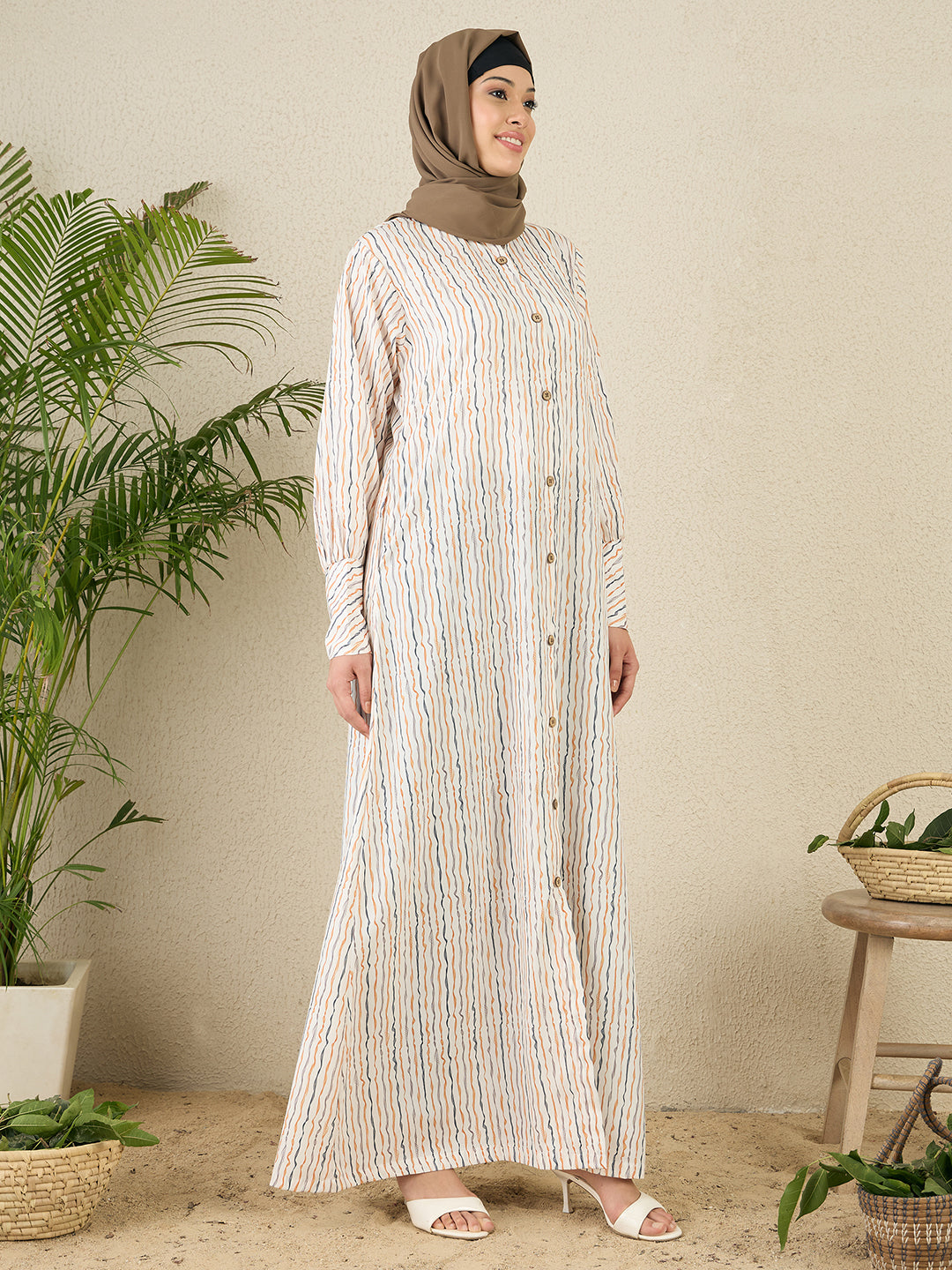 Striped Printed Front Open Abaya with Black Georgette Scarf