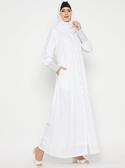 White Rayon Front Open Abaya Burqa with Black Hijab