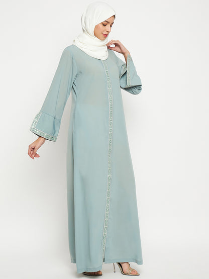 Nabia Embroidery Work Front Open Abaya with Black Scarf