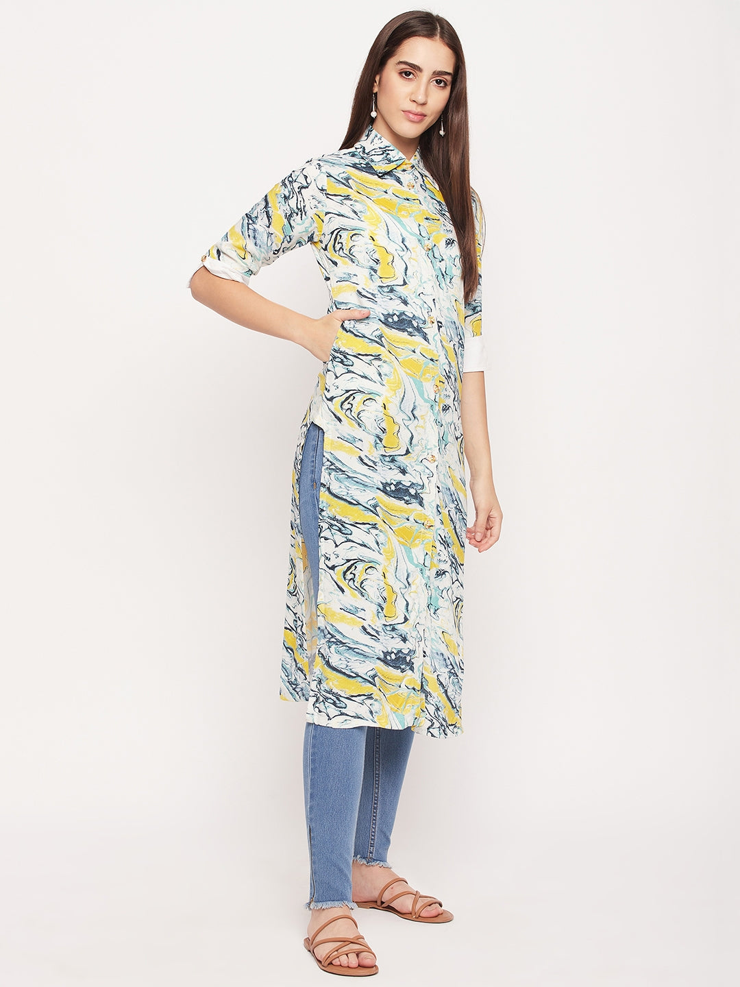 Nabia Women Front Open Multi Colour Printed kurta