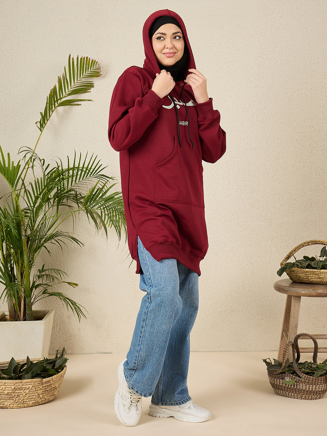 Sabr Modest Maroon Fleece Winter Hoodie for Women