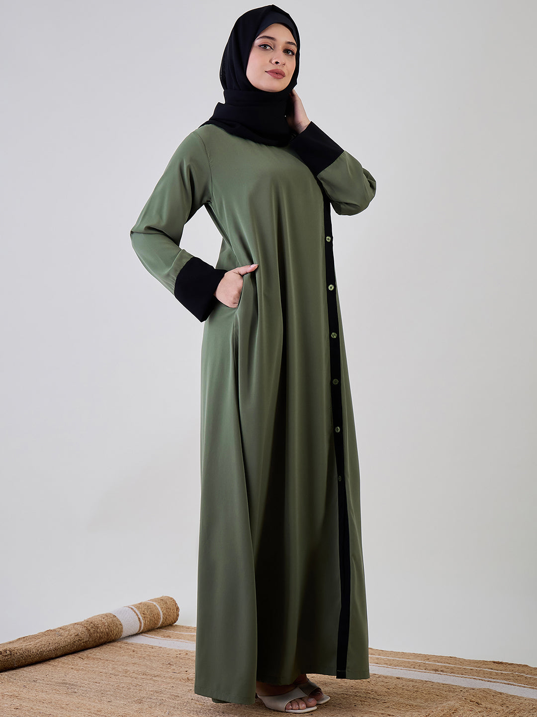 Nabia Women Jade Green Solid Front Open Abaya Burqa With Black Georgette Hijab