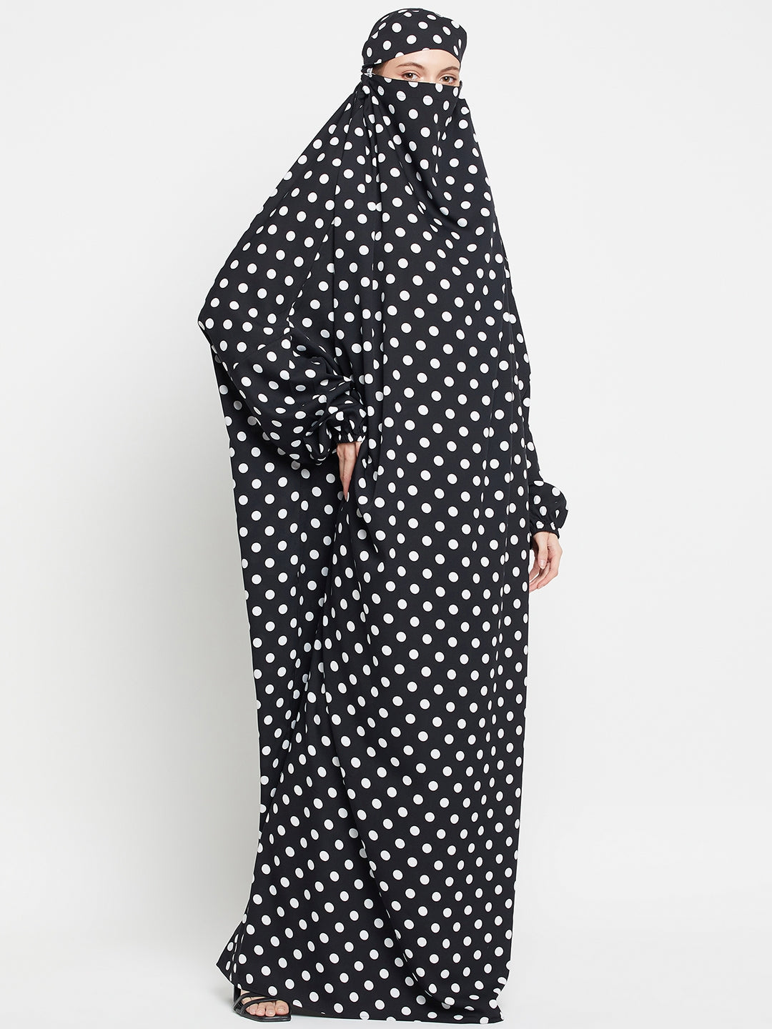 Black and White Polka Dot Free Size Jilbab Abaya for Girls and Women