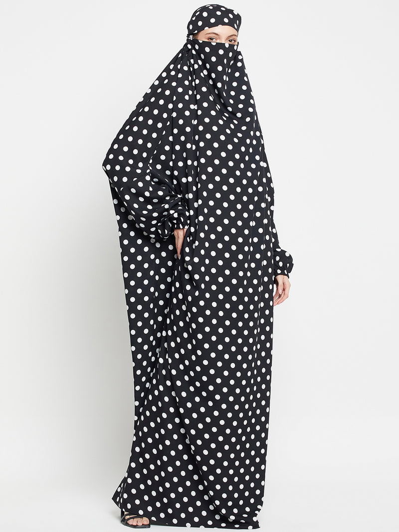 Nabia Black and White Polka Dot Printed Free Size Jilbab Abaya for Girls and Women