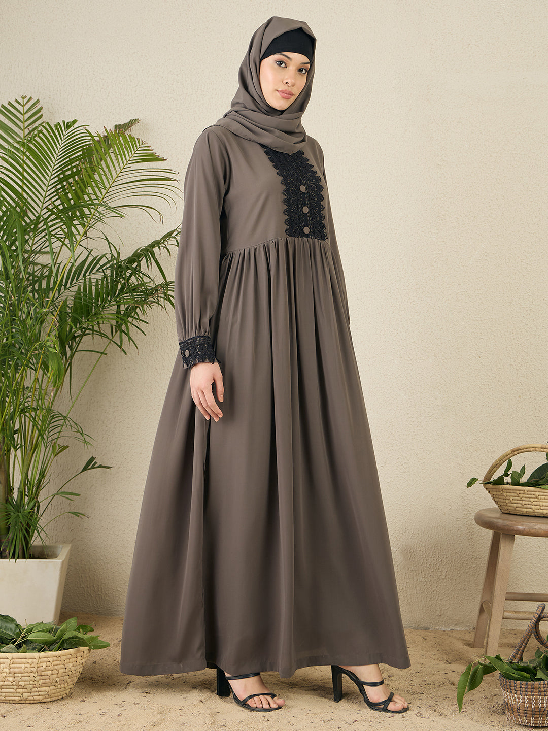 Nabia Grey Lace Work Women Abaya with matching hijab