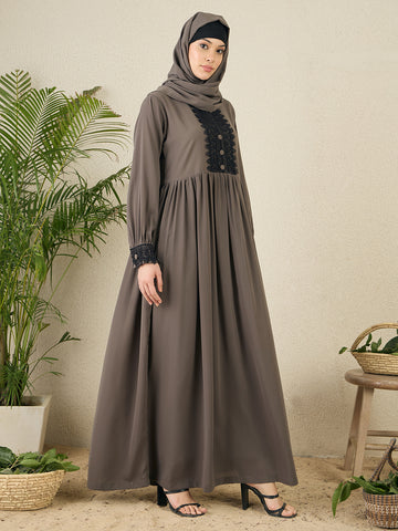 Nabia Grey Lace Work Women Abaya with matching hijab