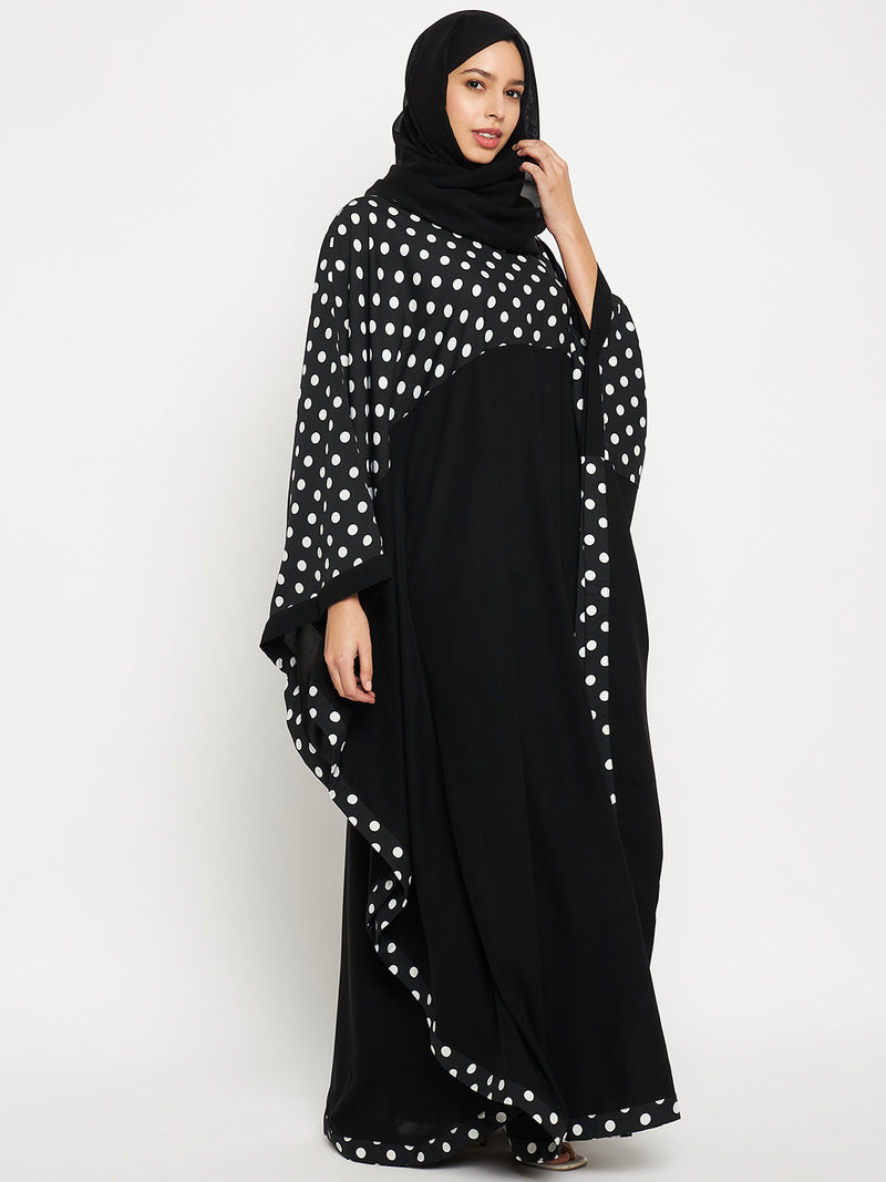Nabia Black and White Polka Dot Printed Women Kaftan Abaya Burqa With Black Scarf