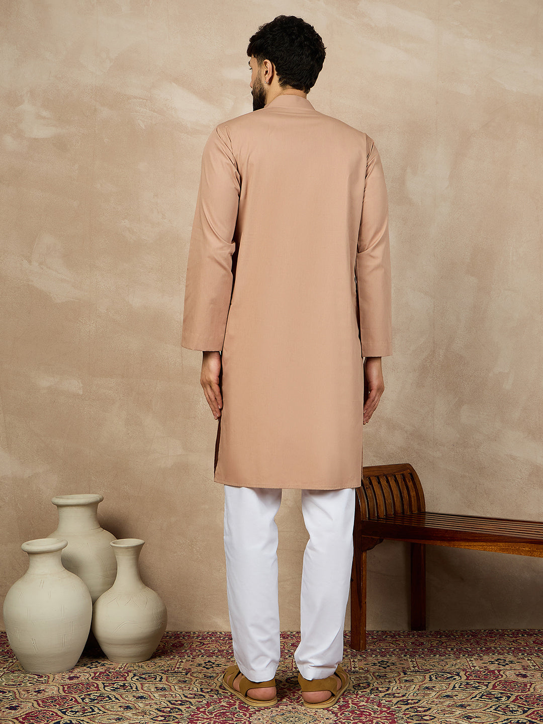 Nabia Solid Beige Cotton Kurta and White Pajama Set