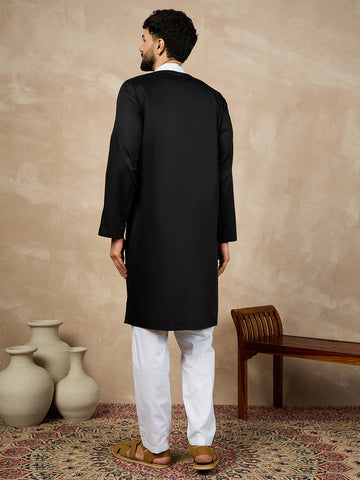 Nabia Black Solid White Piping Details Mandarin Collar Cotton Kurta For Men