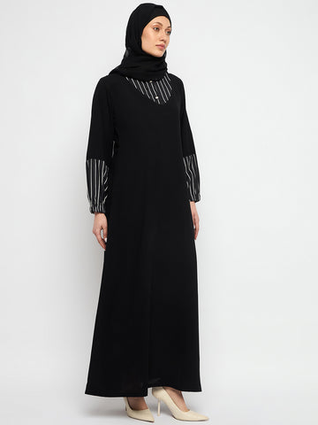 Black Nida Matte A_line Shirt Collar Abaya With Black Georgette Scarf