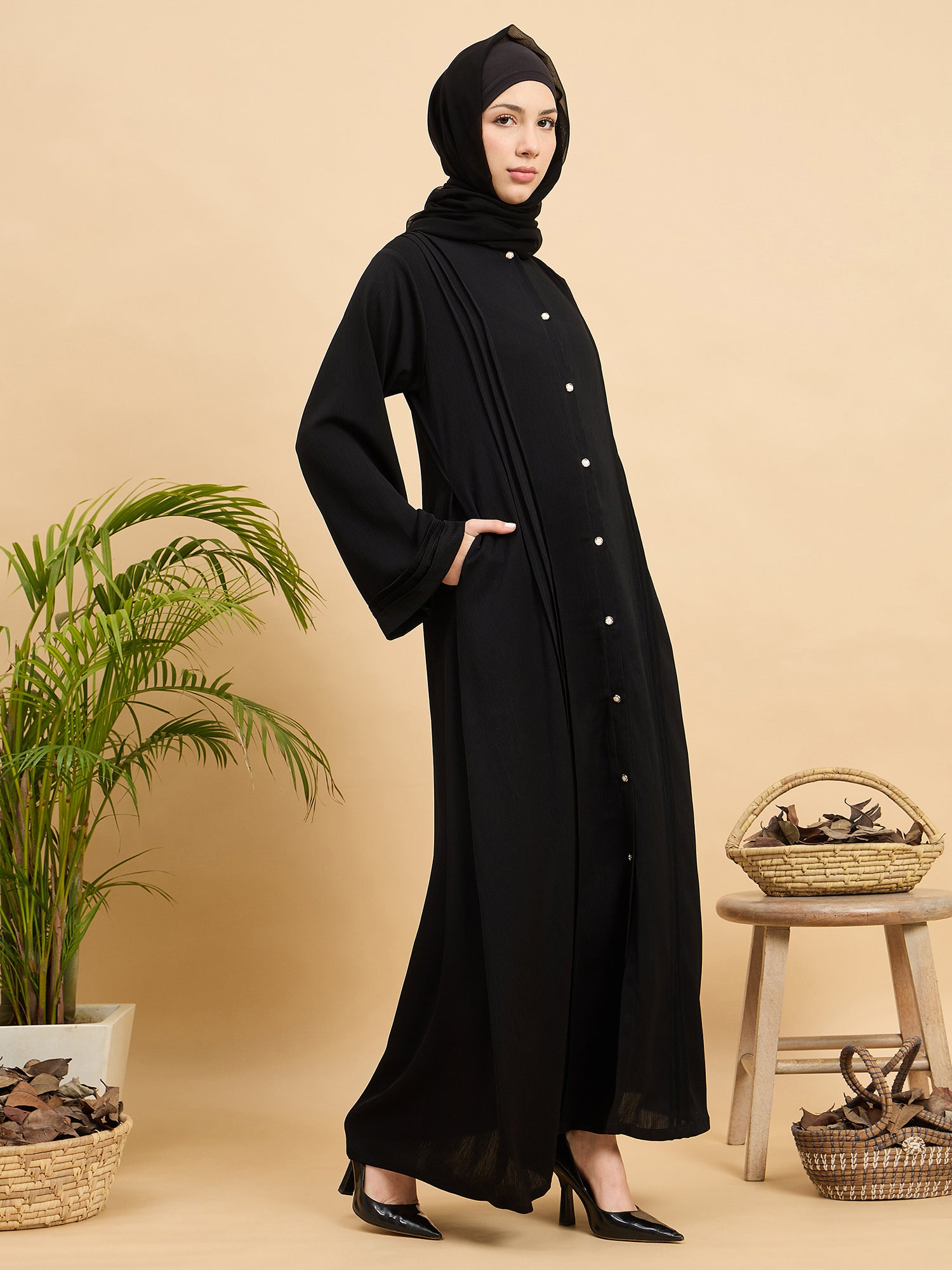 Black Solid Modest Front Open Abaya Burqa with Black Georgette Hijab