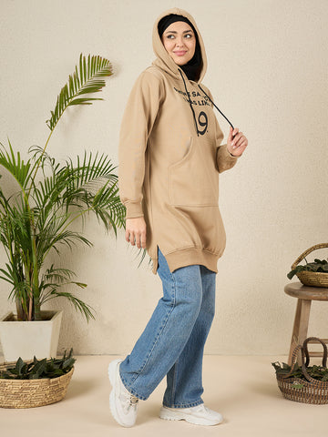 Wow Modest Beige Fleece Winter Hoodie for Women