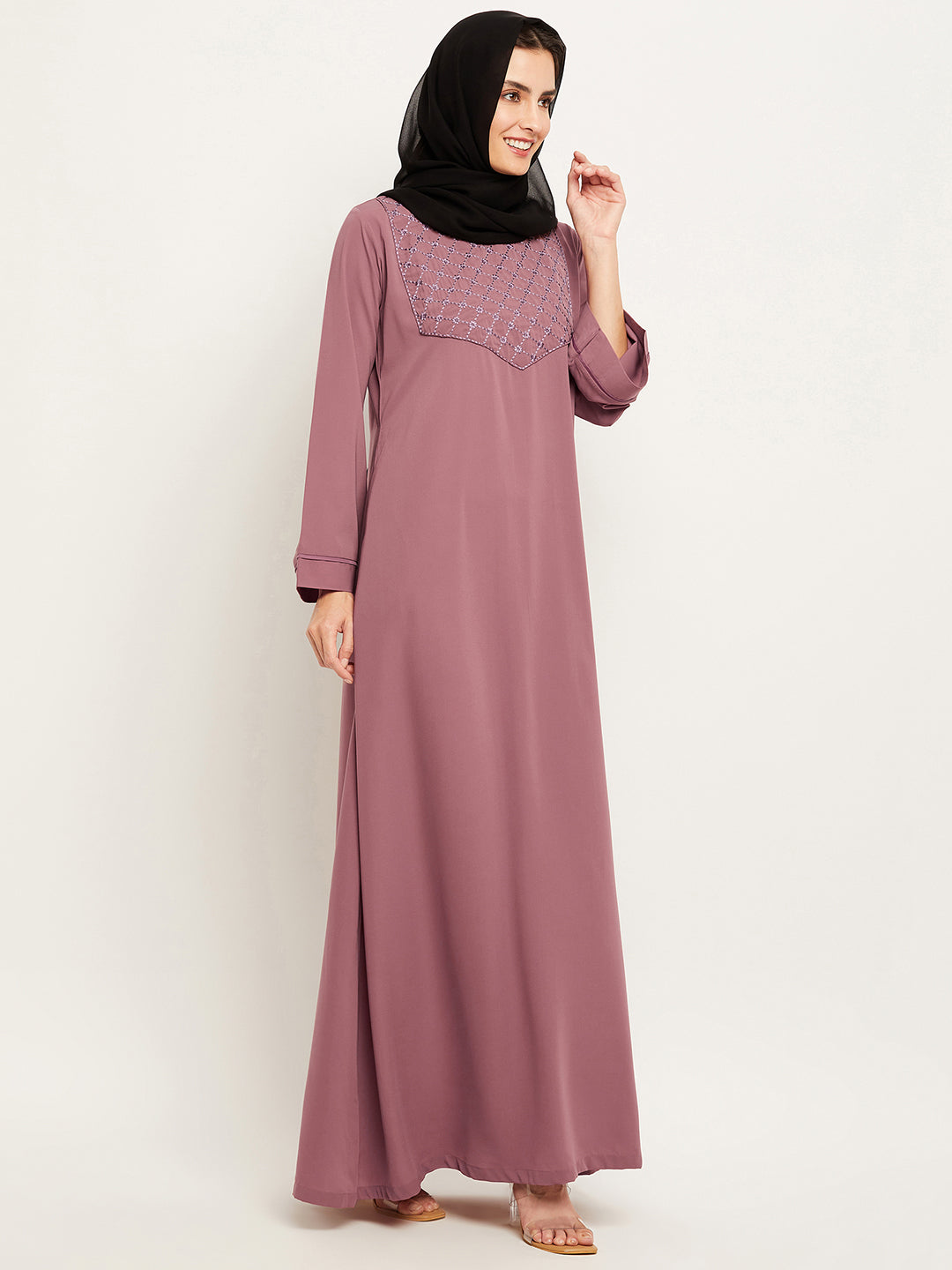 Nabia Women Solid Puse Pink Abaya Burqa With Georgette Scarf