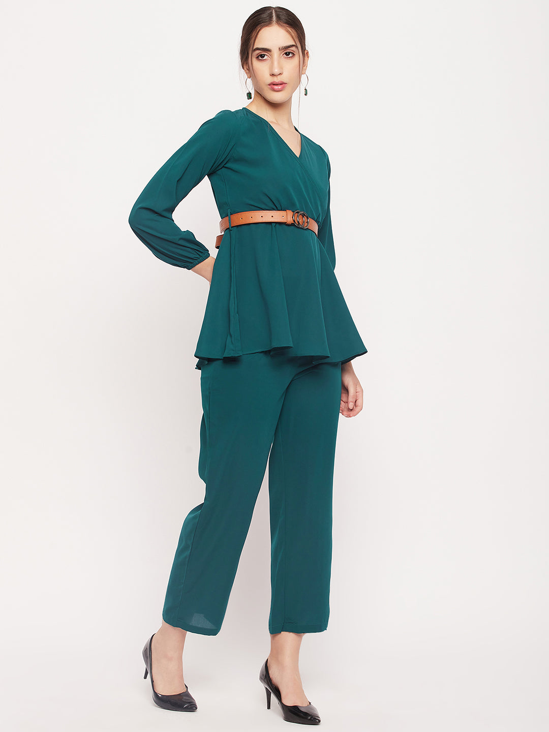 Nabia Women Bottle Green Solid Co-Ord Set