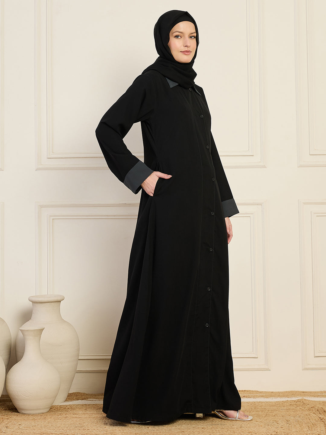Nabia Black Front-Open Abaya with Black Georgette Hijab