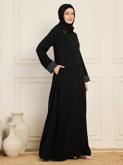 Nabia Black Front-Open Abaya with Black Georgette Hijab