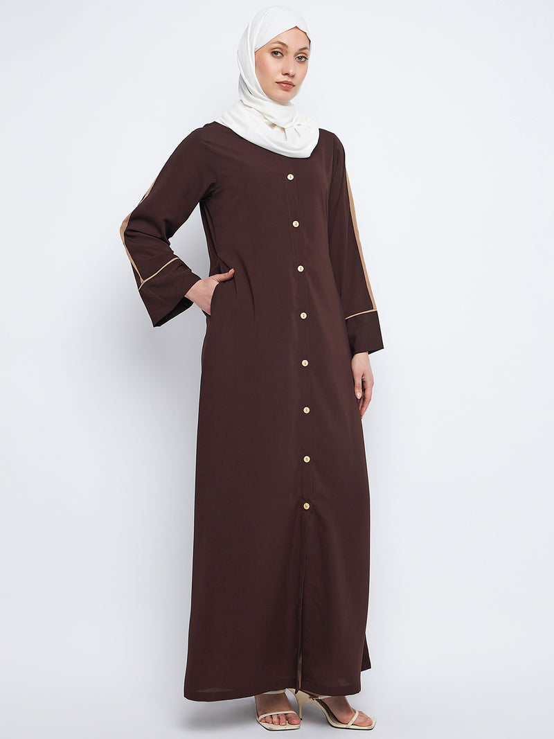 Nabia Front Open Solid Beige Piping Design Brown Abaya Burqa With Black Scarf